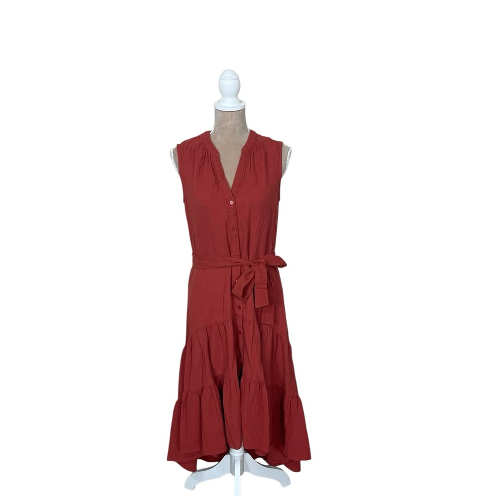 DREW “Amber” Sleeveless Button-Front High-Low Tiered Gauze Dress in Terracotta